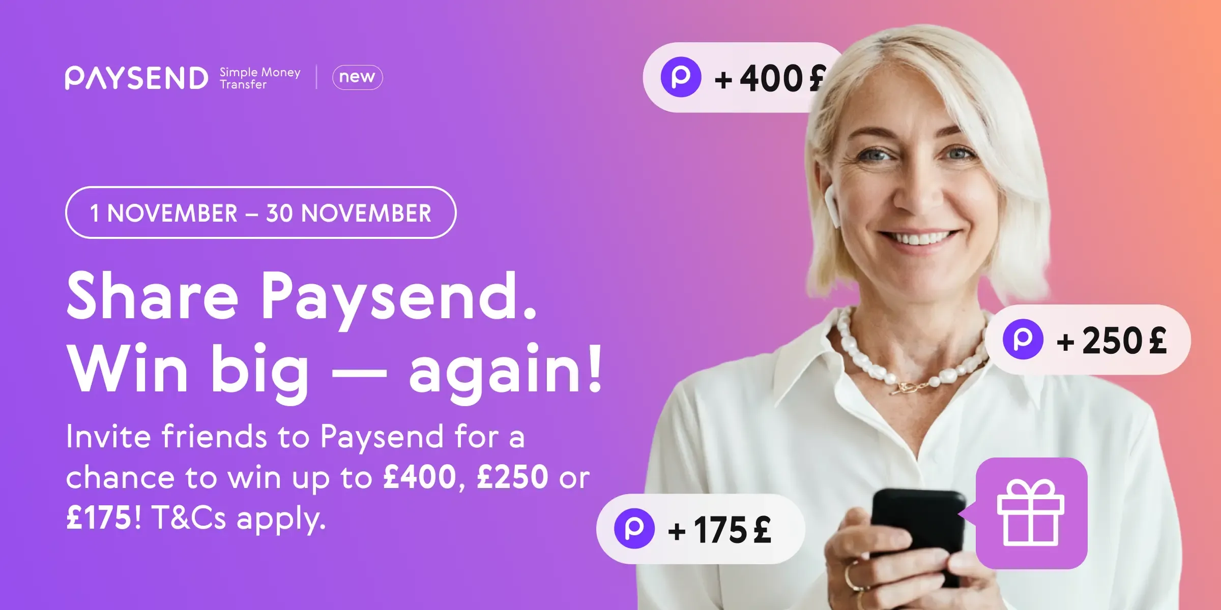 Your second chance to win up to £400, £250 or £175 with Paysend!